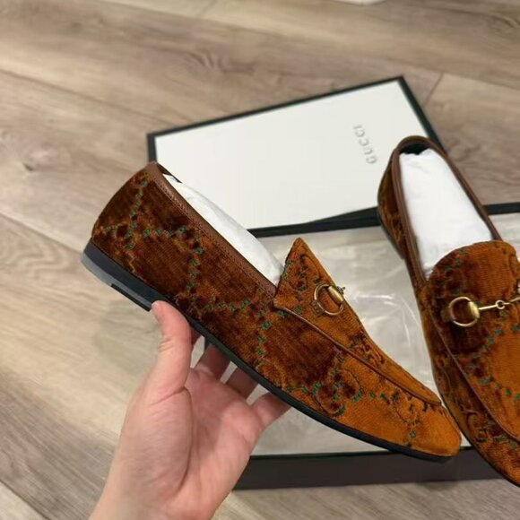 NIB Authentic Gucci Orange / Teal GG Embossed Velvet Jordaan Loafers - Picture 1 of 4